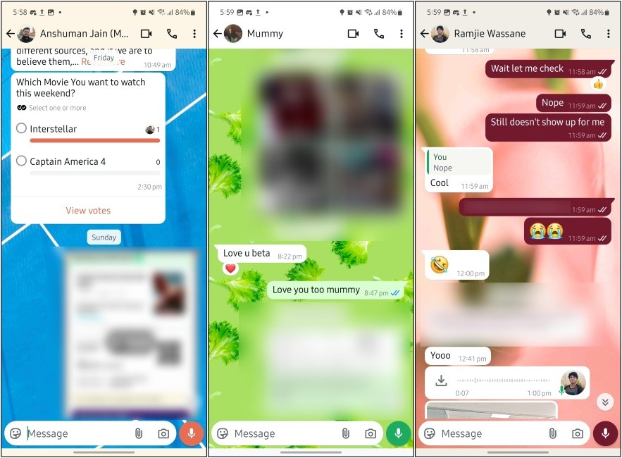 So sánh các màu sắc khác nhau của giao diện chat WhatsApp
