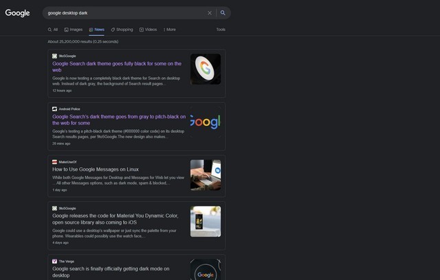 Google Thử Nghiệm Chế Độ Tối Đen Tuyền Trên Trang Tìm Kiếm