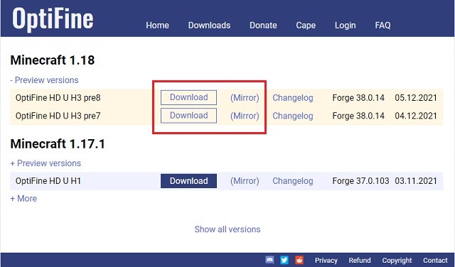 Tải Optifine 1.18