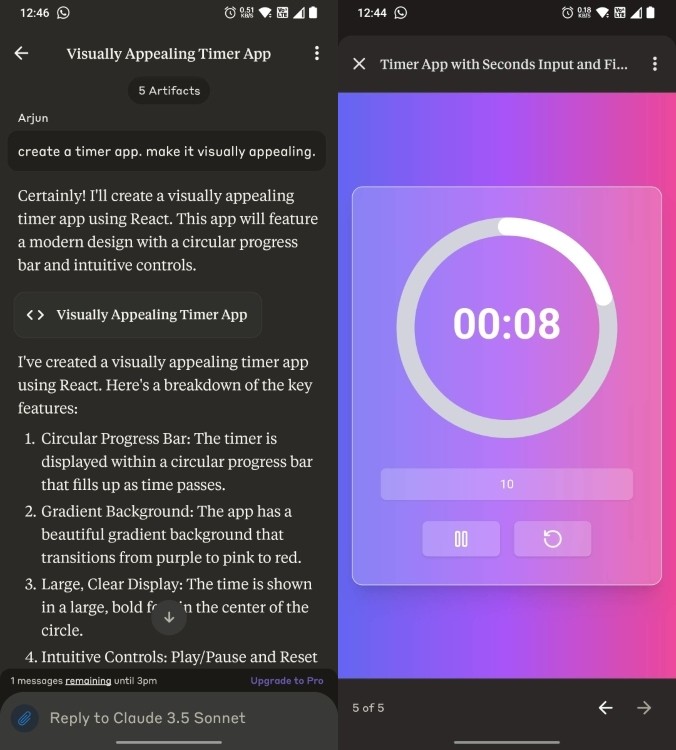 Tạo ứng dụng hẹn giờ bằng Claude Artifact trên Android, minh họa khả năng tùy chỉnh và tương tác