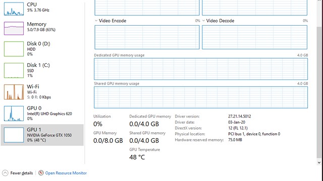 Task Manager hiển thị nhiệt độ GPU và loại ổ cứng