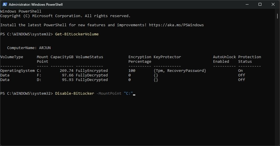 Tắt BitLocker bằng PowerShell
