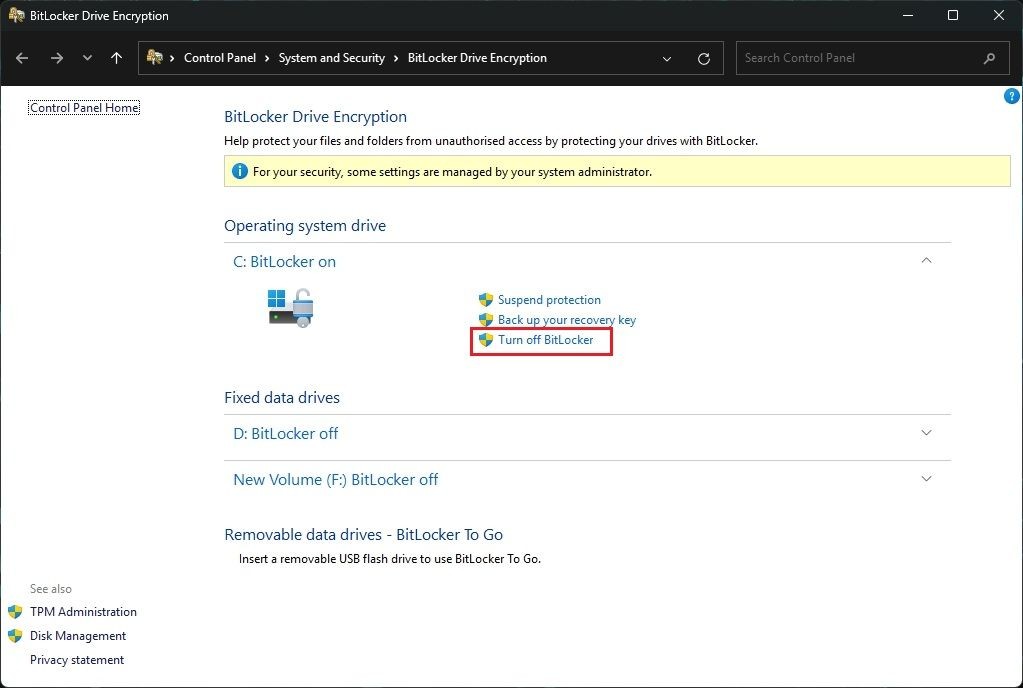Tắt BitLocker từ Windows Control Panel