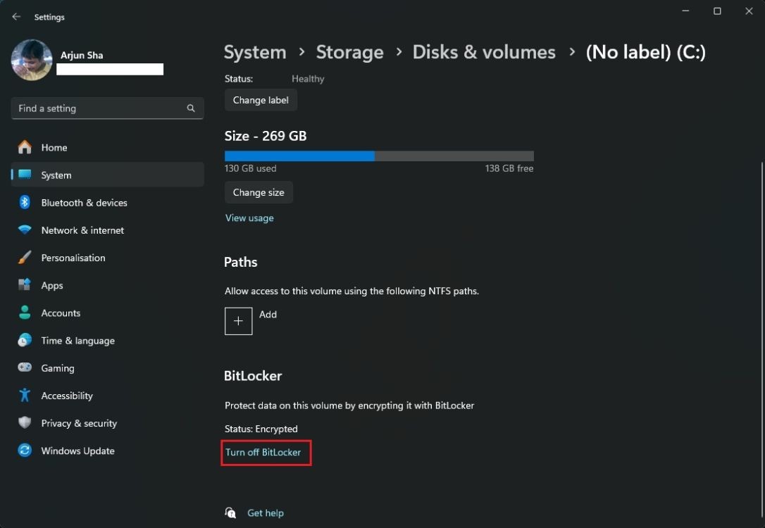 Tắt BitLocker từ Windows Settings