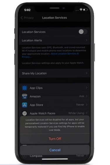 Tắt dịch vụ định vị trên iPhone để khắc phục lỗi AirTag