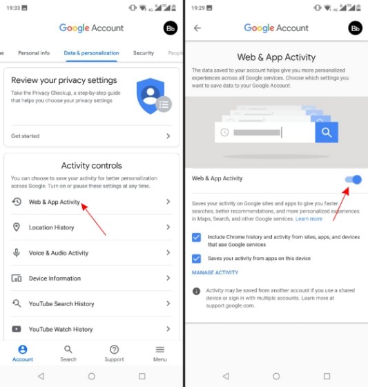Tắt Hoạt động Web và Ứng dụng trên Android