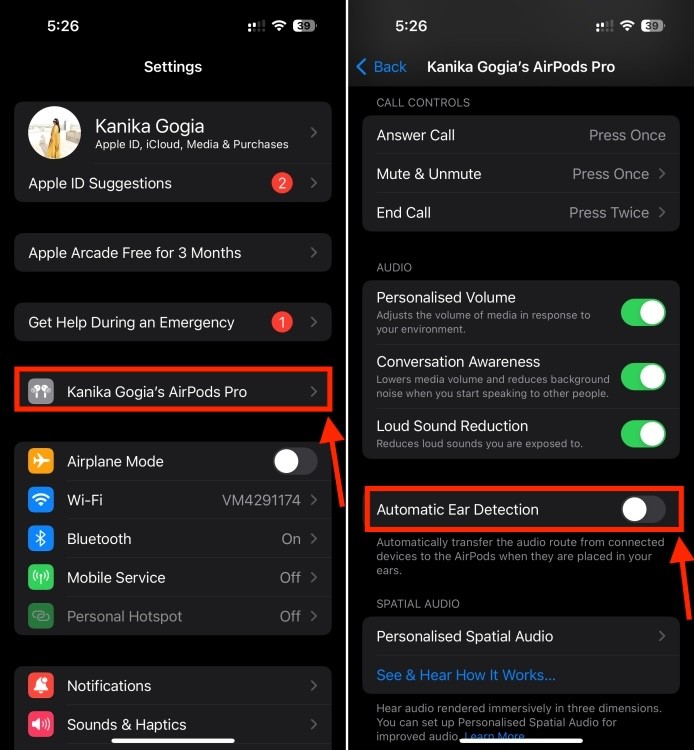 Tắt tính năng tự động nhận diện tai trên AirPods