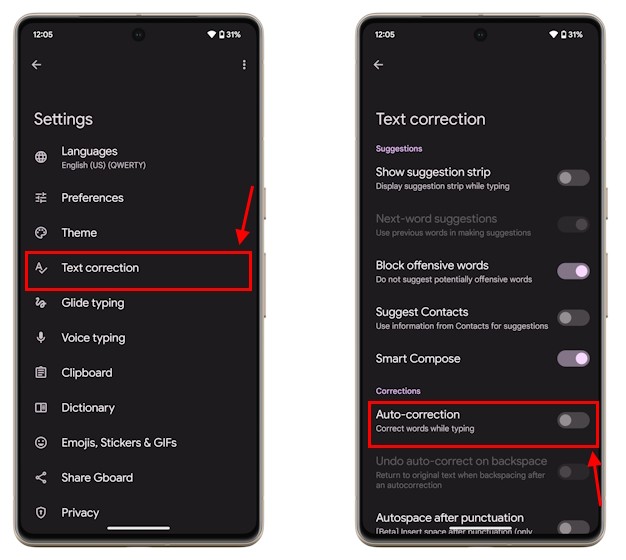 Tắt Tự Động Sửa Lỗi trên Android