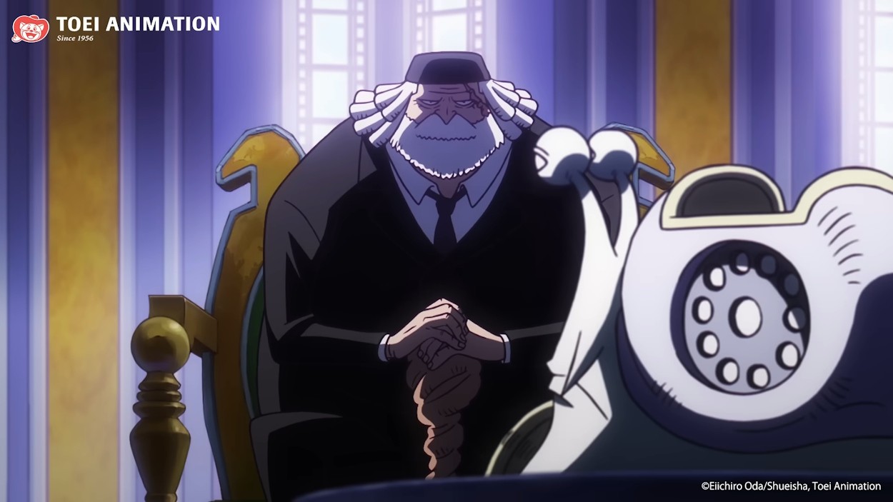 Thánh Saturn ngồi bên trong lâu đài Pangaea trong anime One Piece