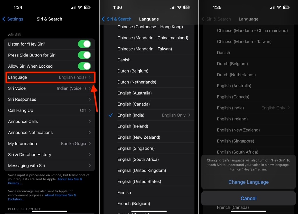 Thay đổi ngôn ngữ Siri