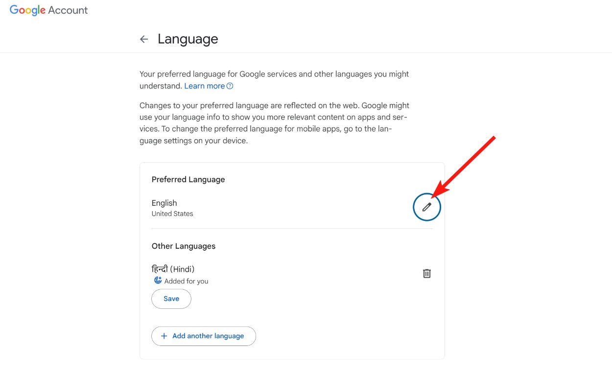 Thay đổi ngôn ngữ trong cài đặt tài khoản Google