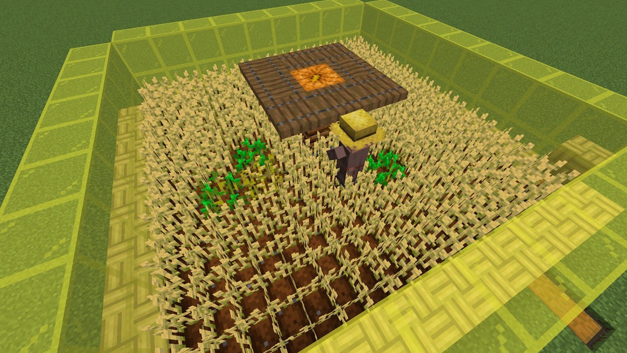 Thêm dân làng và bao quanh khối ánh sáng bằng cửa sập và farm lúa mì Minecraft đã hoàn thành