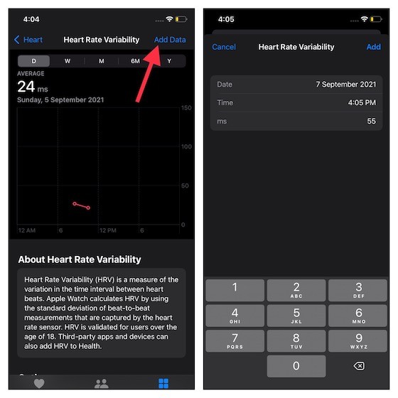 Thêm dữ liệu HRV thủ công vào ứng dụng Sức khỏe Apple