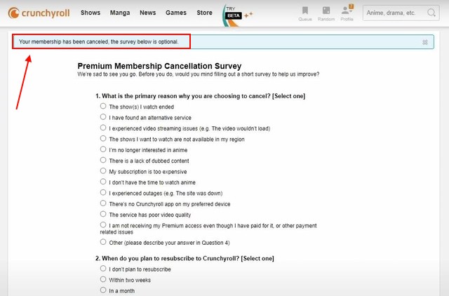 Thông báo đã hủy tư cách thành viên Crunchyroll