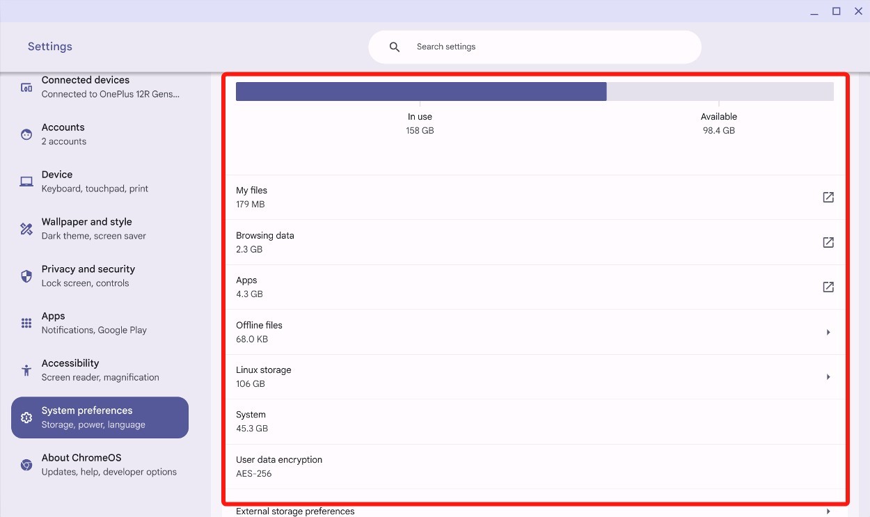 Thông tin dung lượng đã sử dụng và còn trống trên Chromebook