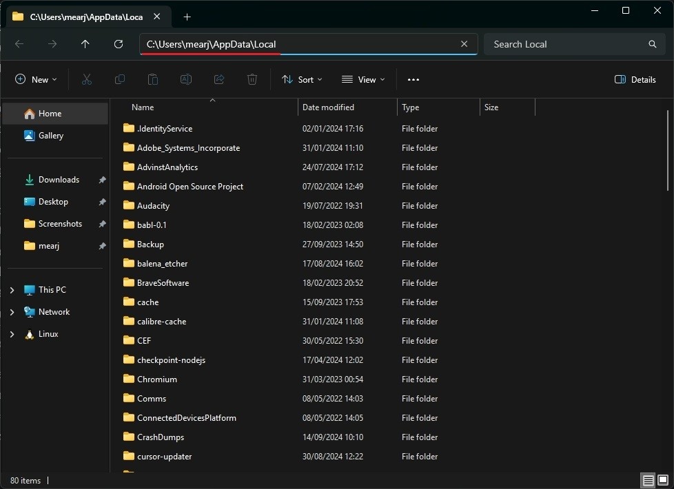 Thư mục Local trong AppData trên Windows 11