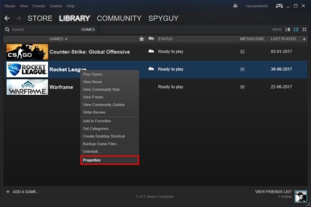 Thuộc tính game trên Steam