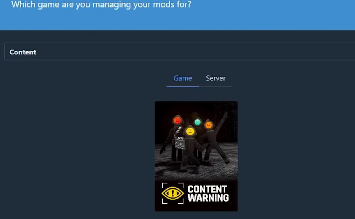 Tìm kiếm Content Warning trên thanh tìm kiếm của trình quản lý mod để bắt đầu cài đặt mod