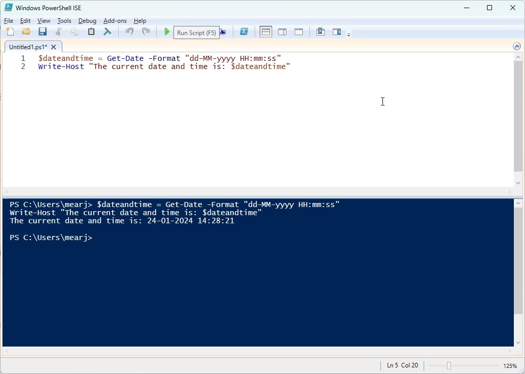 Tìm ngày giờ hiện tại bằng PowerShell ISE