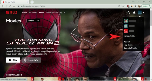 Tìm tùy chọn quản lý hồ sơ Netflix trên trình duyệt