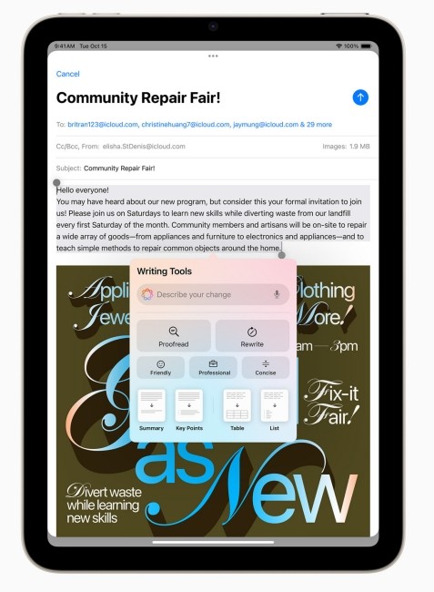 Tính năng Writing Tools Apple Intelligence trên iPad Mini 7