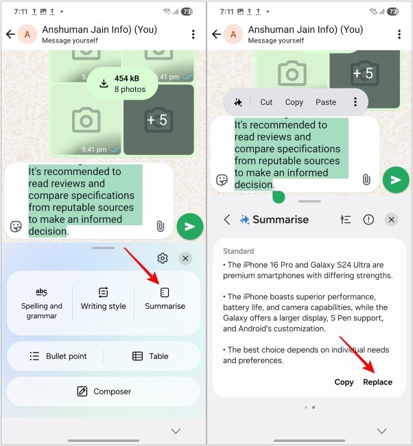 Tóm tắt văn bản với Trợ lý Soạn thảo AI trong One UI 7