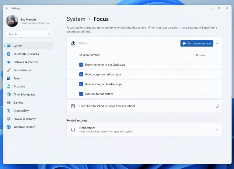 Trải nghiệm Focus Sessions trong Windows 11