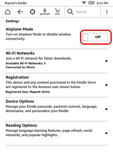 Trang cài đặt Kindle