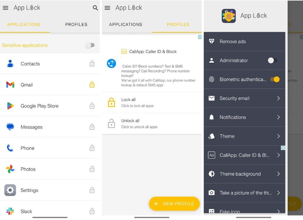 Trang chủ và trang hồ sơ của ứng dụng App Lock by Smart Mobile