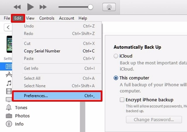 Truy cập cài đặt &quot;Preferences&quot; trong iTunes để tùy chỉnh các tùy chọn.
