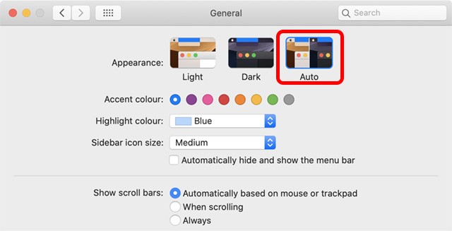 Tự động chuyển đổi chế độ sáng và tối trên macOS Catalina