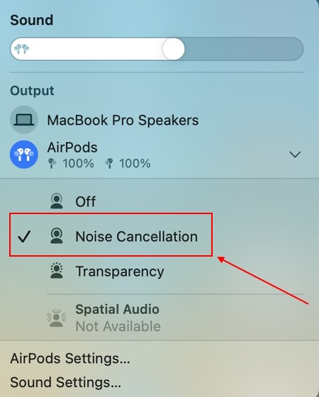 turn on noise cancellation on AirPods using mac