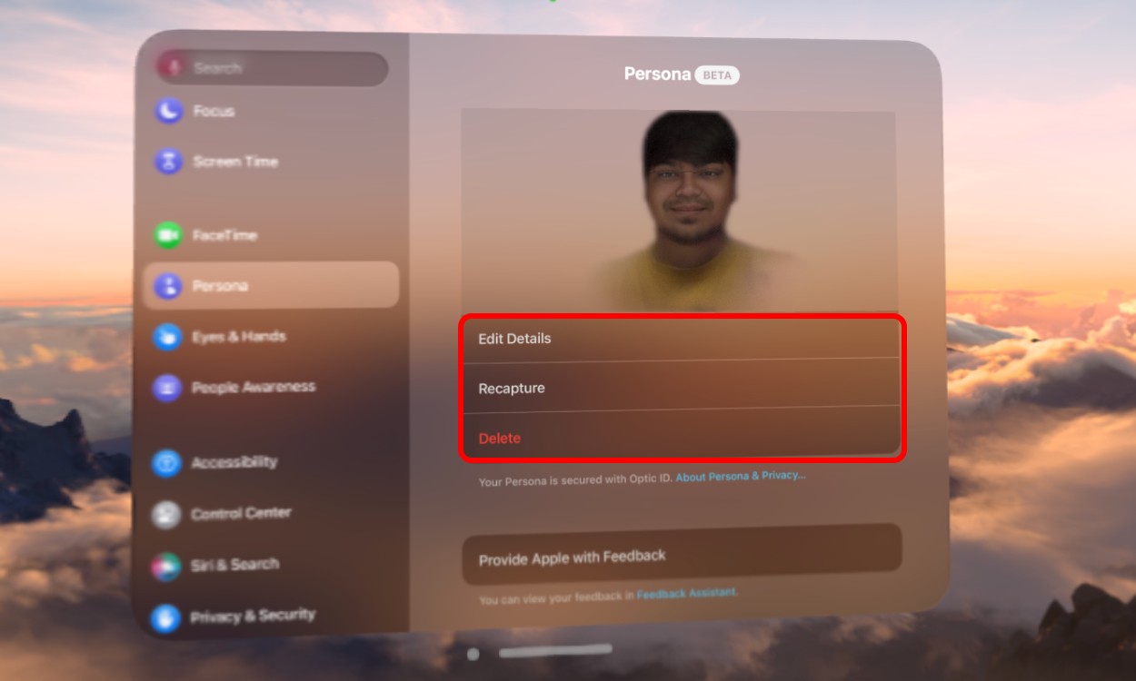 Tùy chọn Chỉnh sửa, Chụp lại hoặc Xóa Persona trên Vision Pro