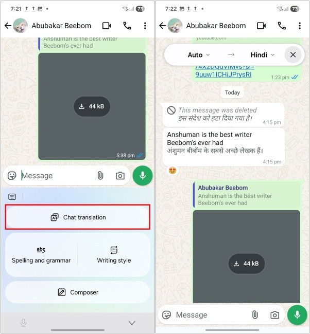 Tùy chọn Dịch đoạn chat trong One UI 7