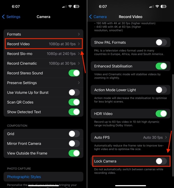 Tùy chọn khóa camera trong cài đặt iPhone