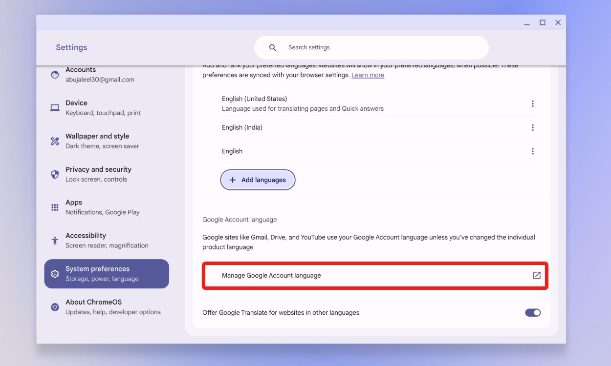 Tùy chọn ngôn ngữ tài khoản Google trong cài đặt ChromeOS