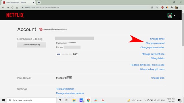 Tùy chọn thay đổi mật khẩu trên Netflix