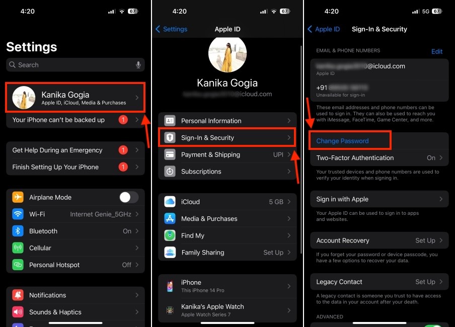 Tùy chọn thay đổi mật khẩu trong Cài đặt Apple ID iPhone