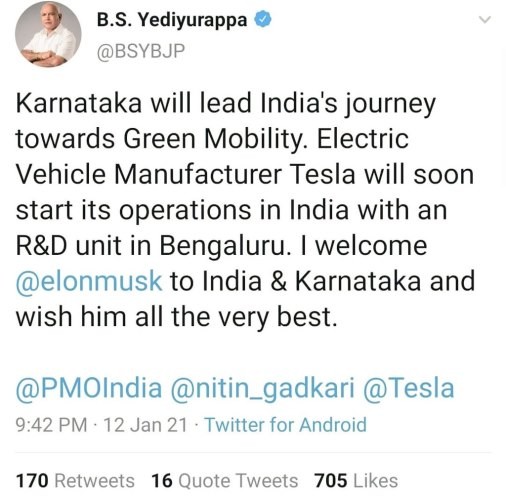 Tweet về sự ra mắt của Tesla tại Ấn Độ