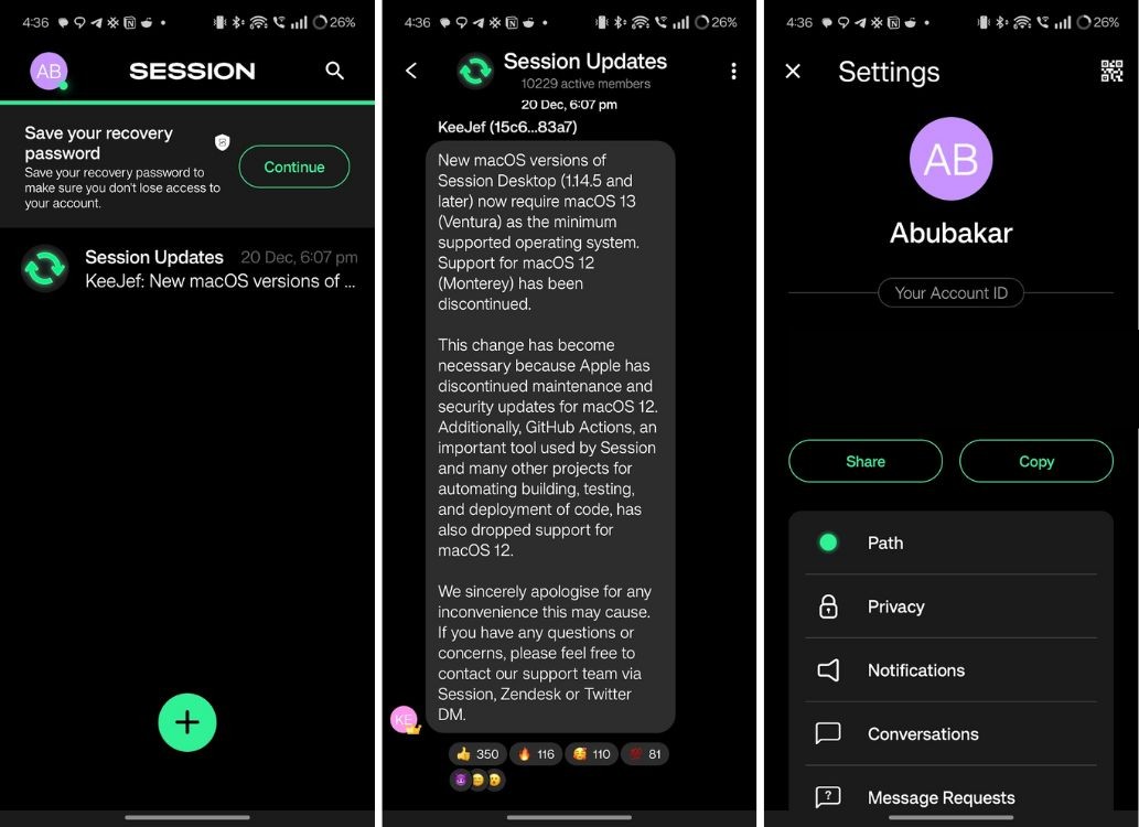 Ứng dụng Session trên Android - Trang chủ, hồ sơ và ID