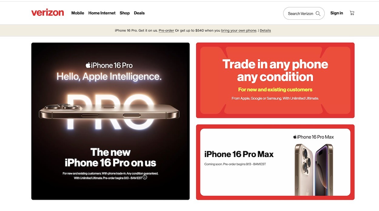 Ưu đãi đặt trước iPhone 16 từ Verizon