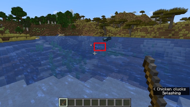 Vệt bong bóng tiến đến phao câu khi câu cá trong Minecraft