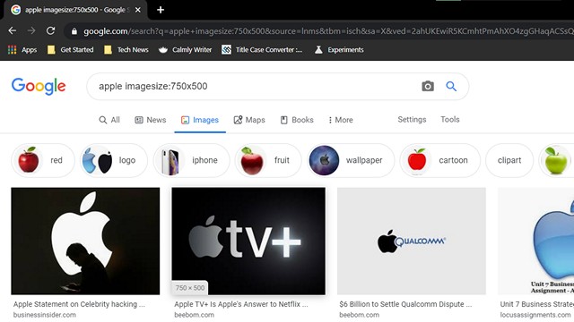 Ví dụ về cách tìm kiếm ảnh bằng cú pháp imagesize:widthxheight trên Google.