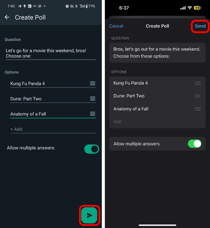 Vị trí biểu tượng Gửi cho Poll WhatsApp trên Android và iOS