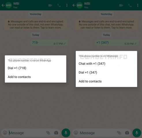 WhatsApp thử nghiệm menu pop-up mới cho số điện thoại trên Android