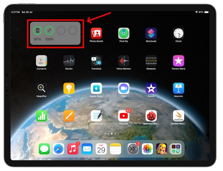 Widget pin hiển thị trạng thái pin các thiết bị trên iPad