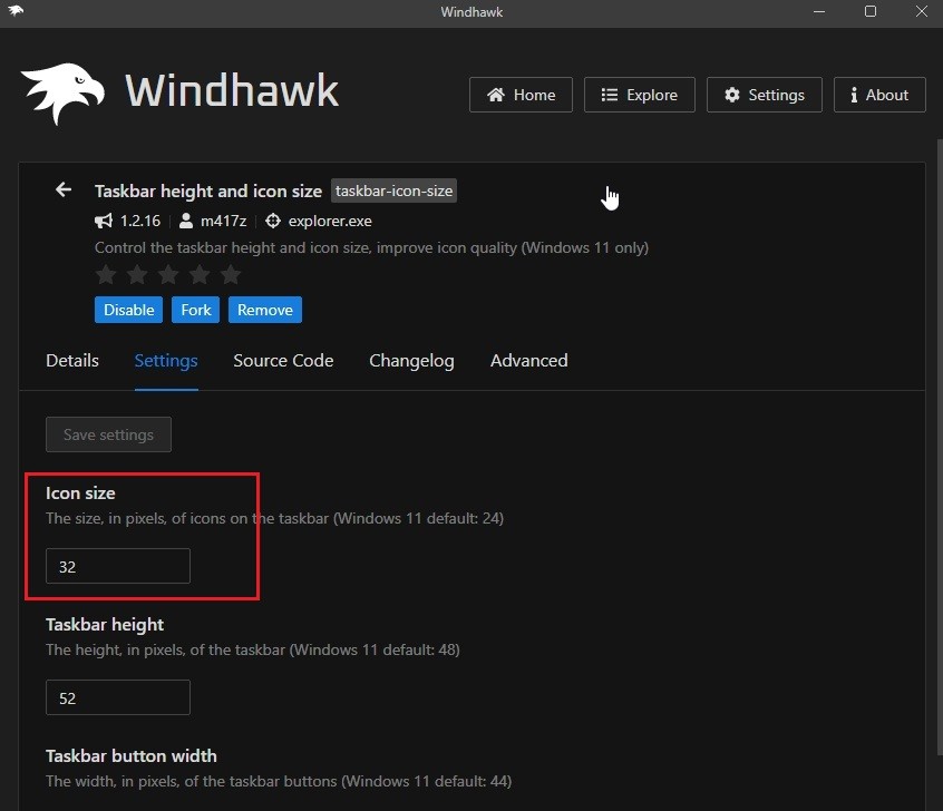 Windhawk Mod để thay đổi kích thước Taskbar trên Windows 11