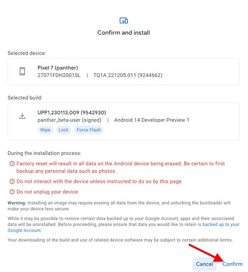 Xác nhận cài đặt Android 14 Developer Preview
