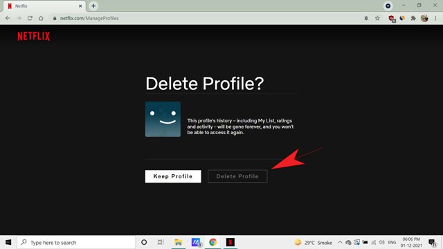 Xác nhận xóa hồ sơ trên trình duyệt web