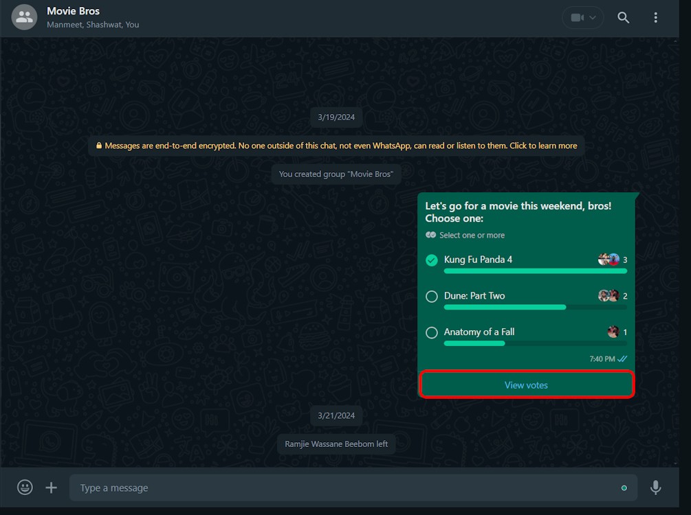 Xem phiếu bầu trên một Poll WhatsApp trên phiên bản web